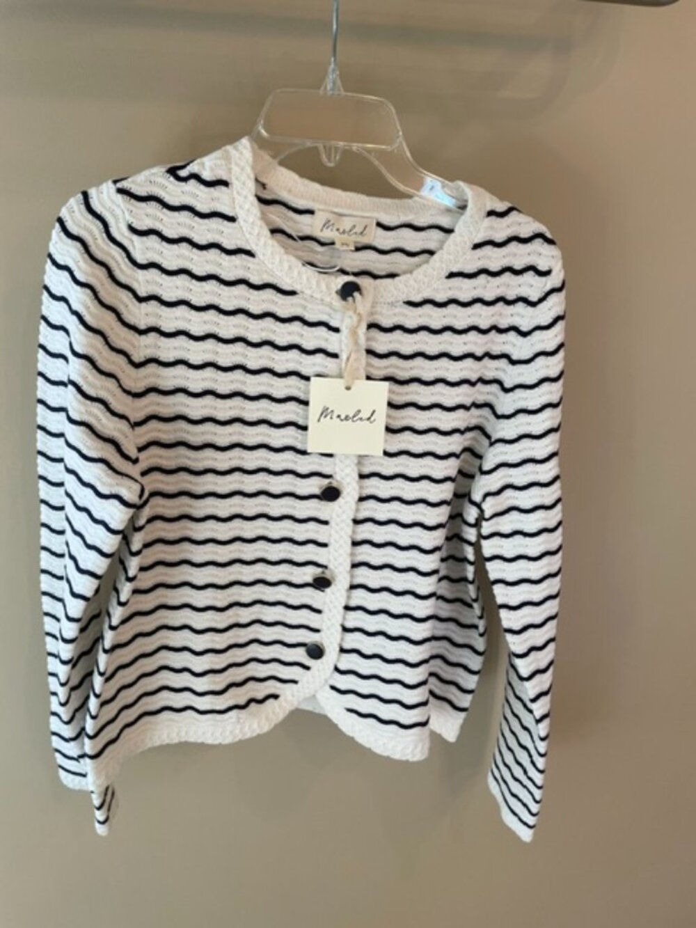 Women's Marled Cotton blend Cardigan Sweater in navy and white,